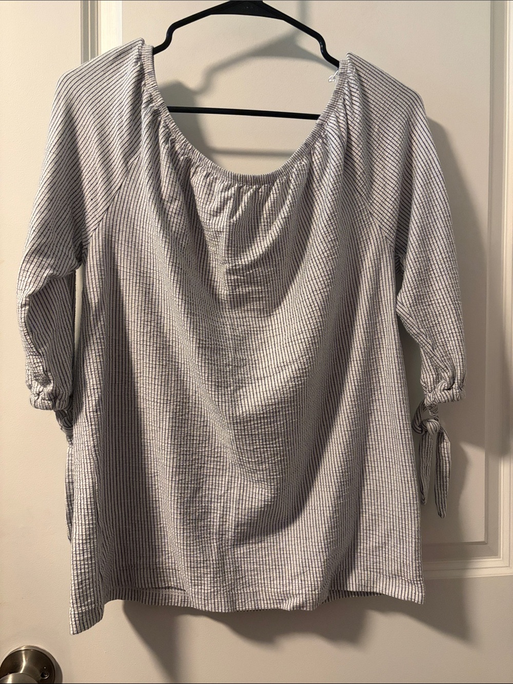 Charlie Paige White and Navy Pinstripe Off Shoulder Tunic with Tie Cuffs